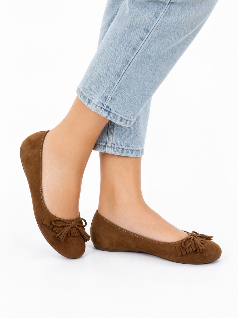 Mudd Brown Faux Suede Round Toe Bow Fringe Work Ballet Flats Women’s Size 7M